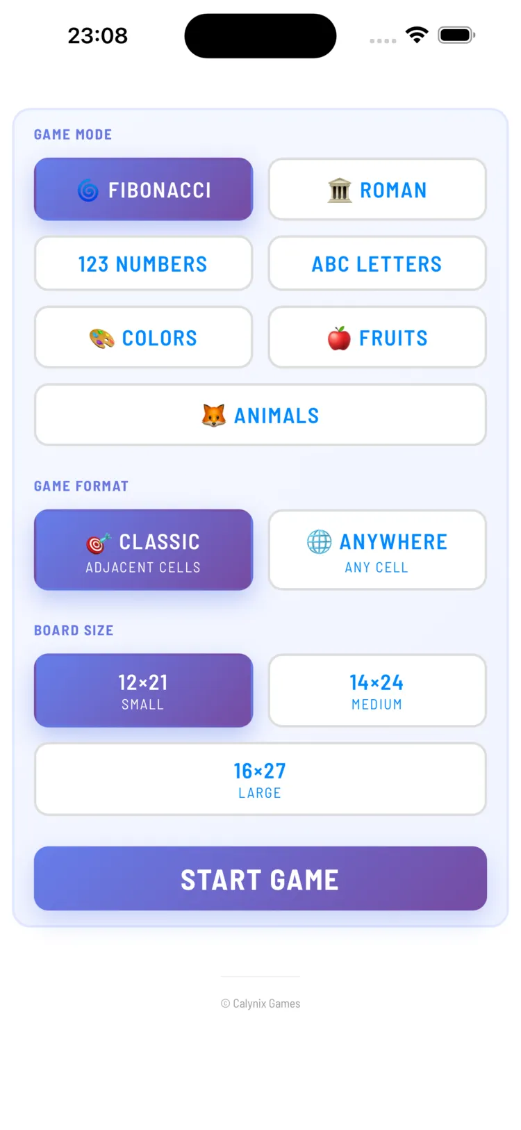 Fibby board size selection